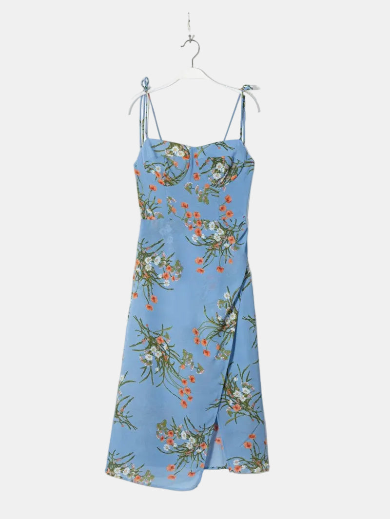 Elara Floral Tie Shoulder Slit Midi Dress