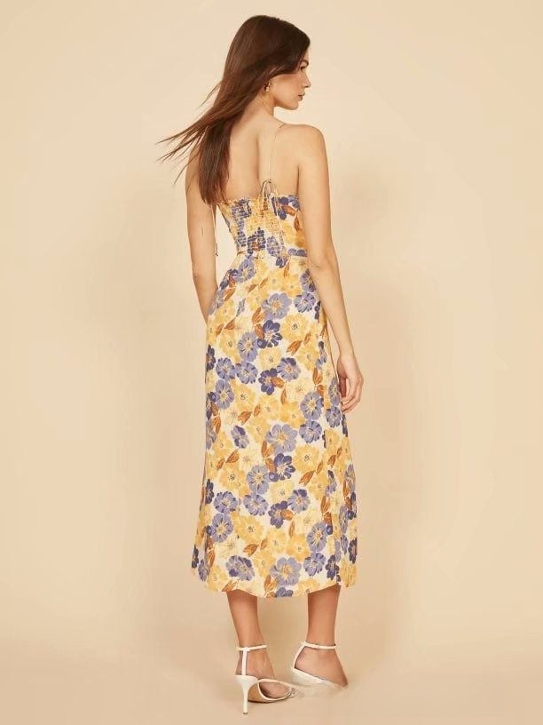 Elara Floral Tie Shoulder Slit Midi Dress