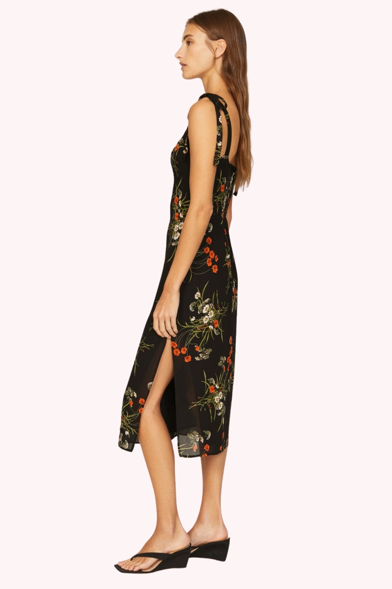 Elara Floral Tie Shoulder Slit Midi Dress