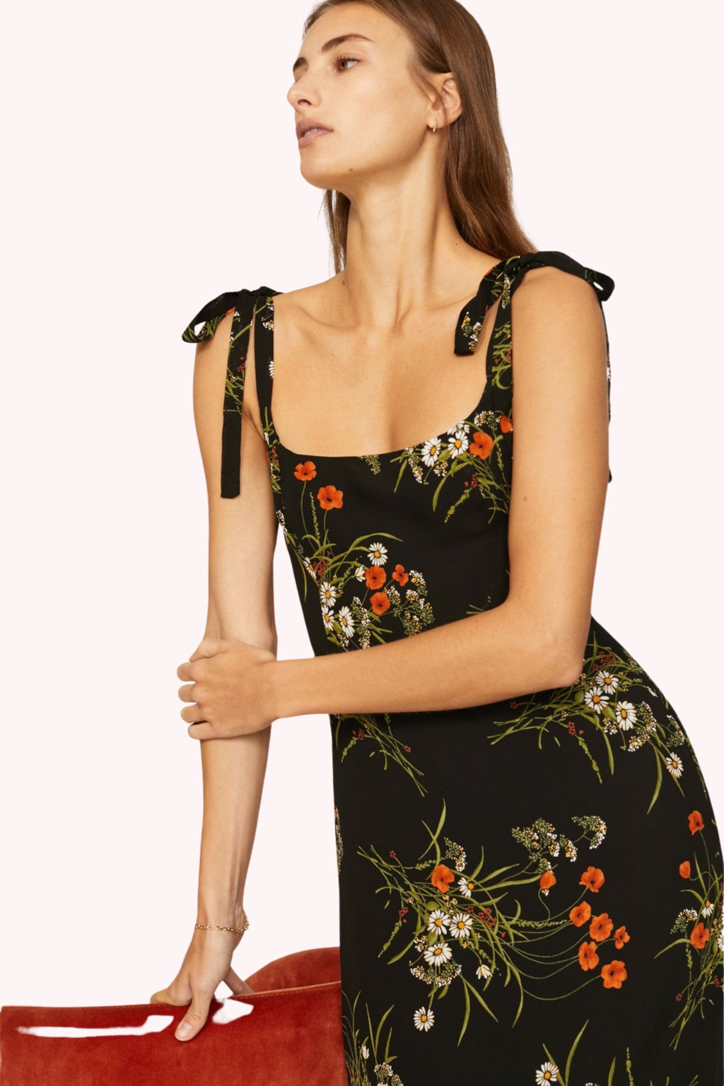 Elara Floral Tie Shoulder Slit Midi Dress