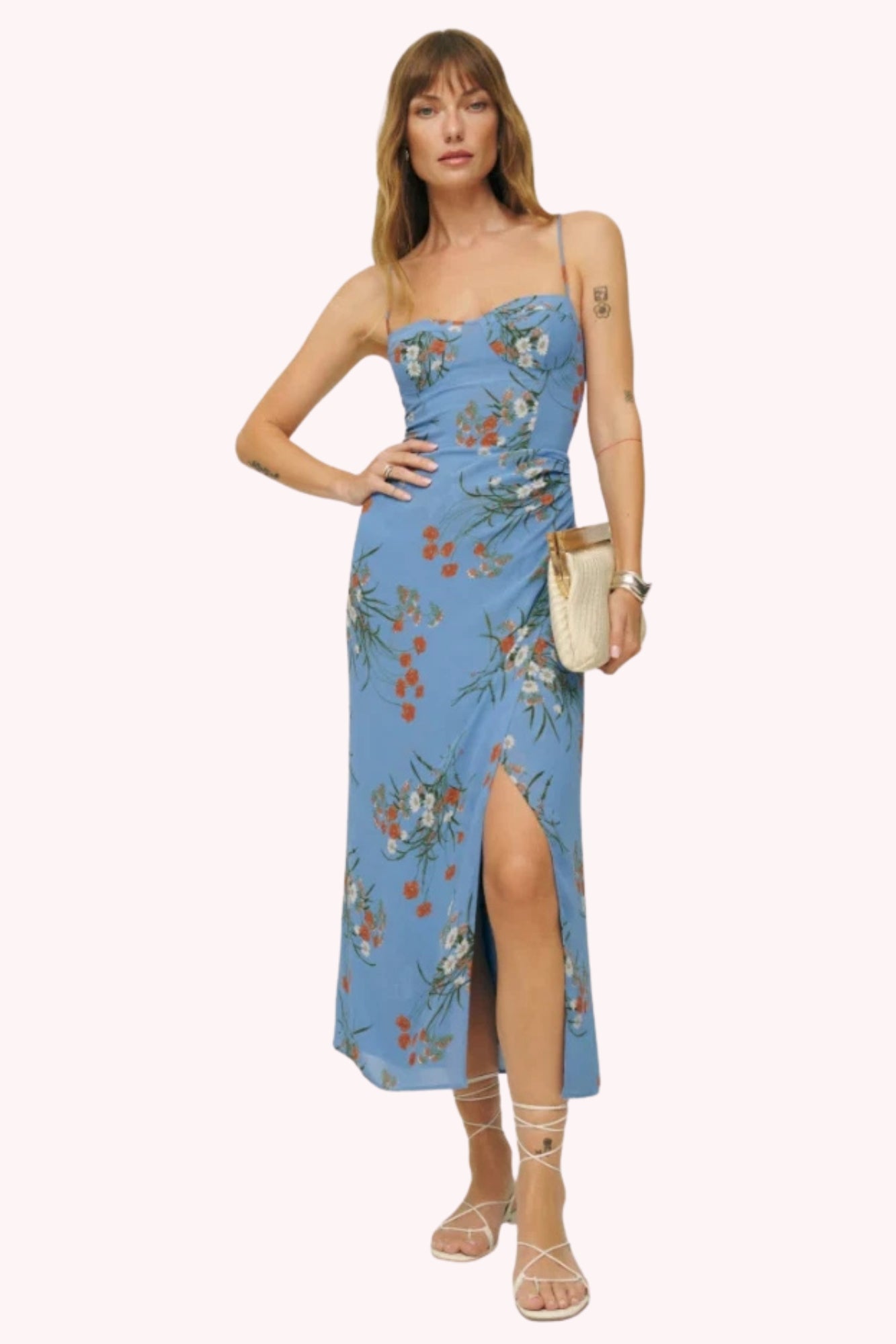 Elara Floral Tie Shoulder Slit Midi Dress