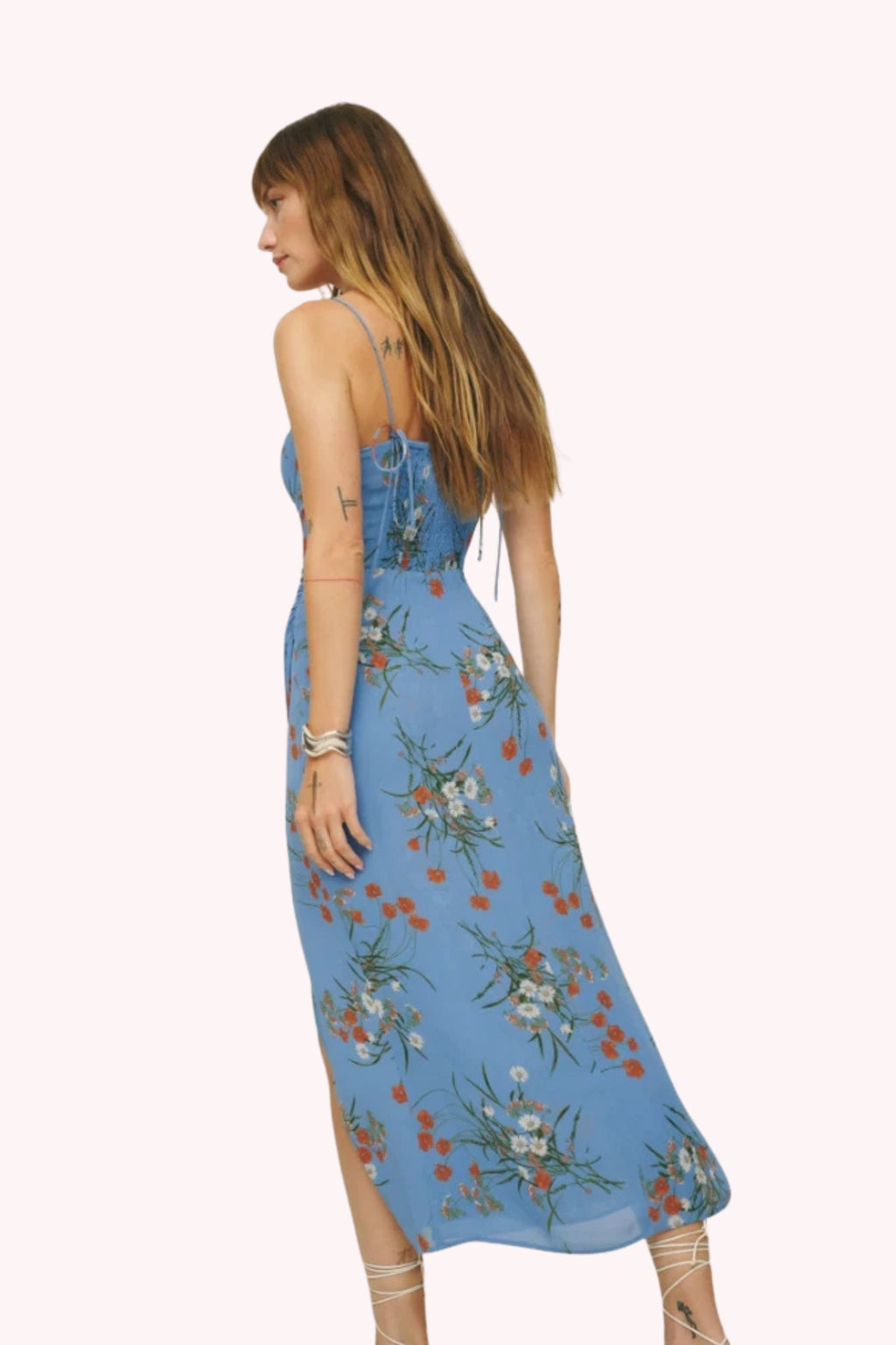 Elara Floral Tie Shoulder Slit Midi Dress
