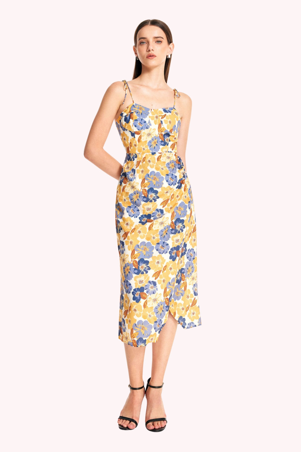 Elara Floral Tie Shoulder Slit Midi Dress