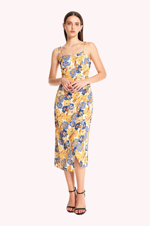 Elara Floral Tie Shoulder Slit Midi Dress