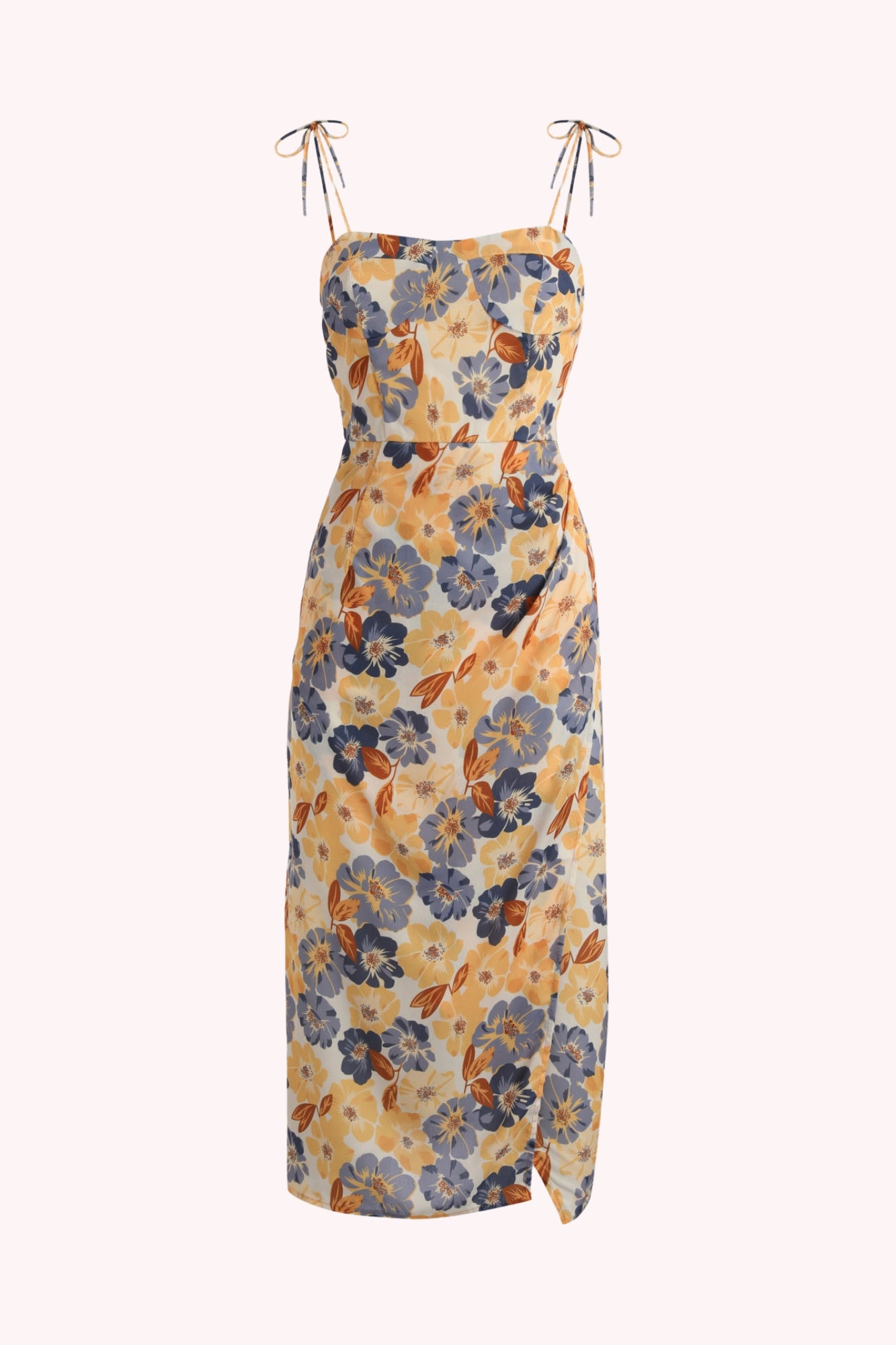 Elara Floral Tie Shoulder Slit Midi Dress