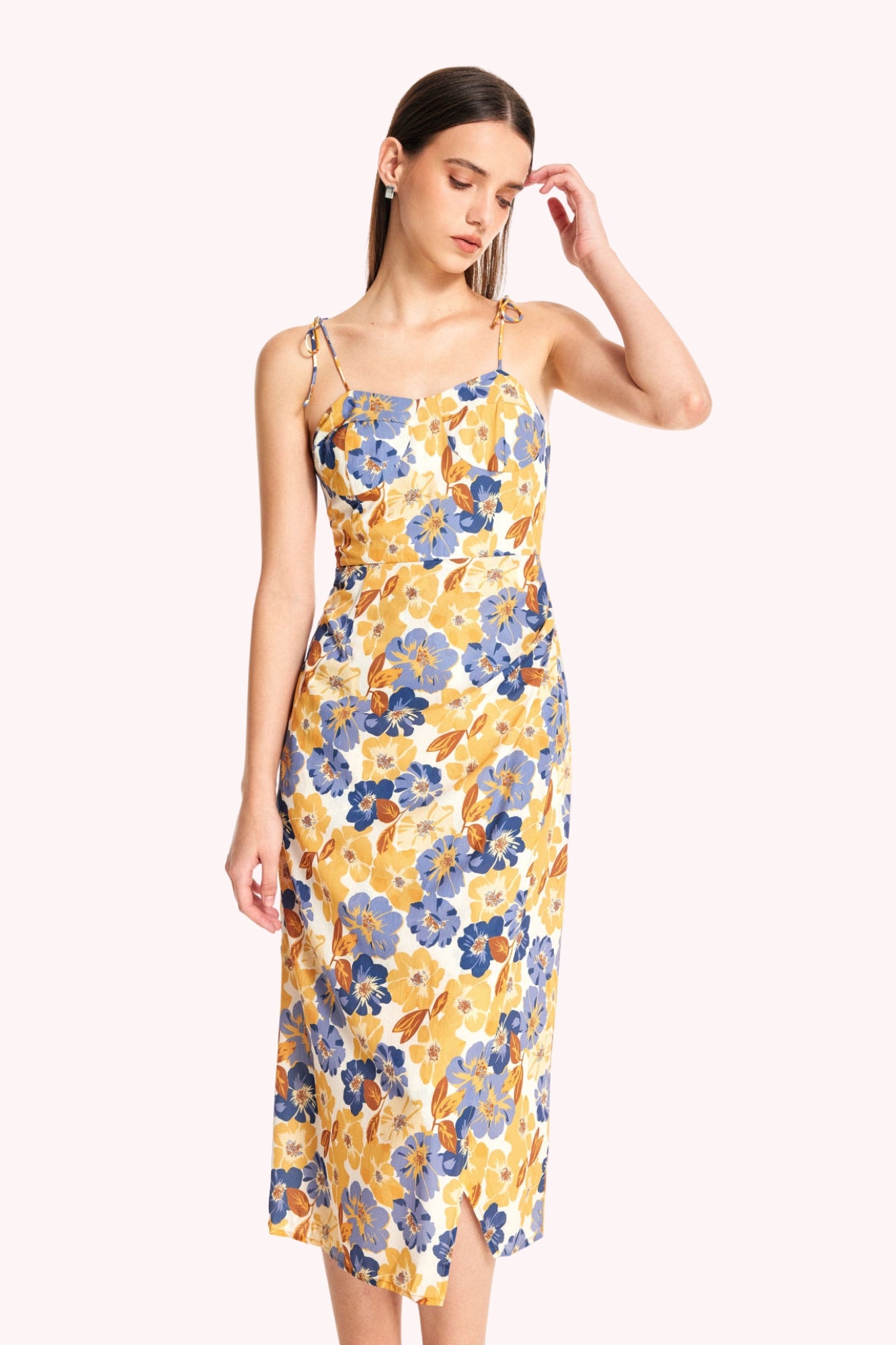 Elara Floral Tie Shoulder Slit Midi Dress