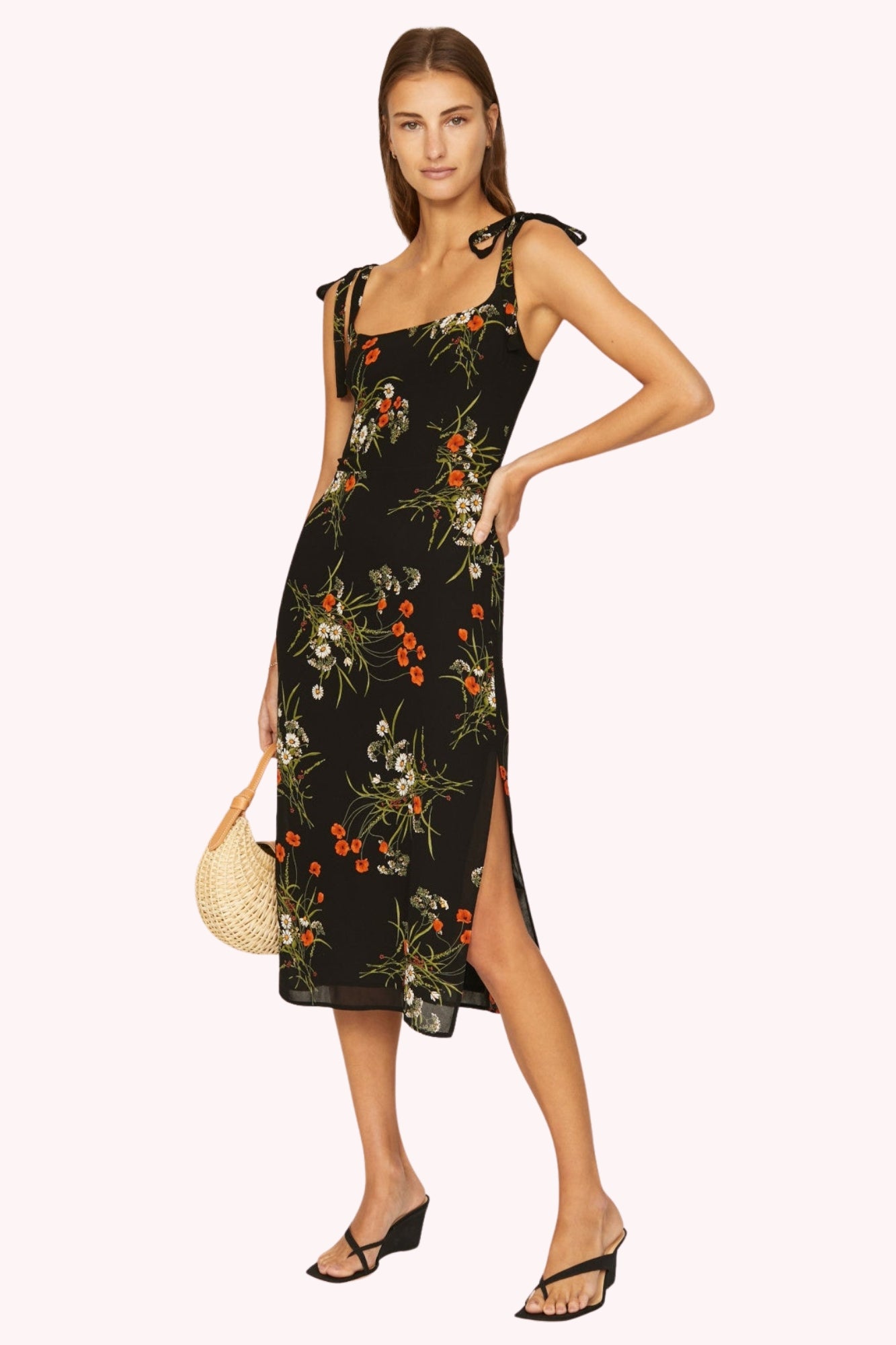 Elara Floral Tie Shoulder Slit Midi Dress