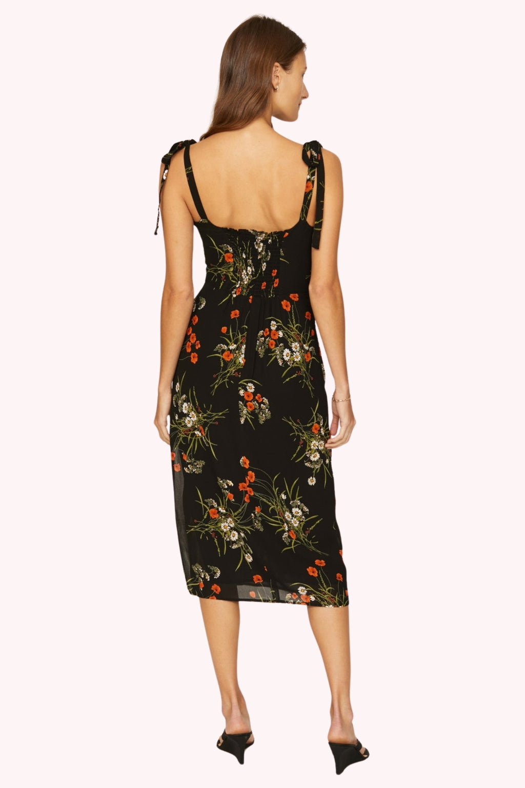 Elara Floral Tie Shoulder Slit Midi Dress