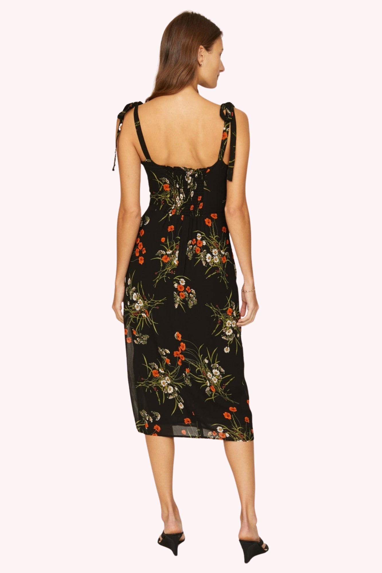 Elara Floral Tie Shoulder Slit Midi Dress