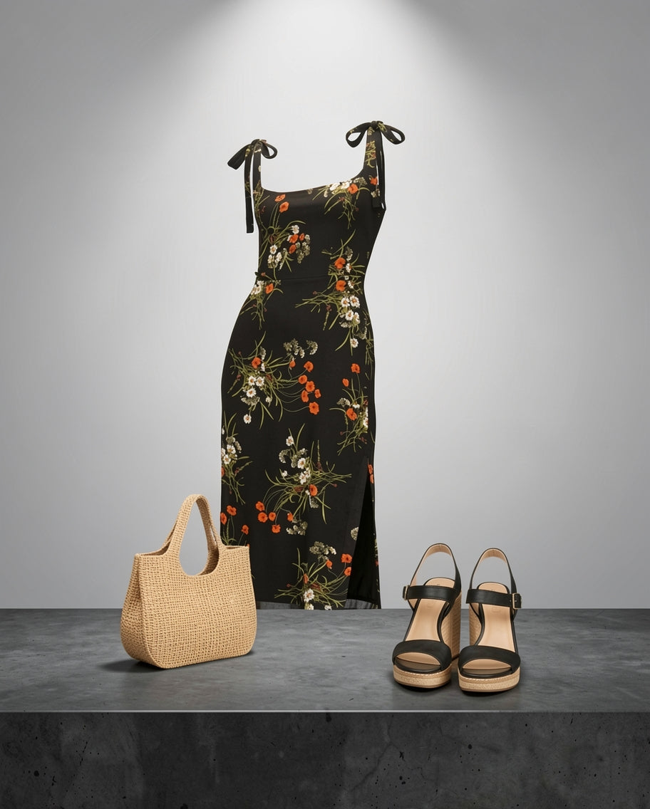 Elara Floral Tie Shoulder Slit Midi Dress