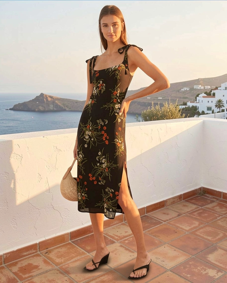 Elara Floral Tie Shoulder Slit Midi Dress