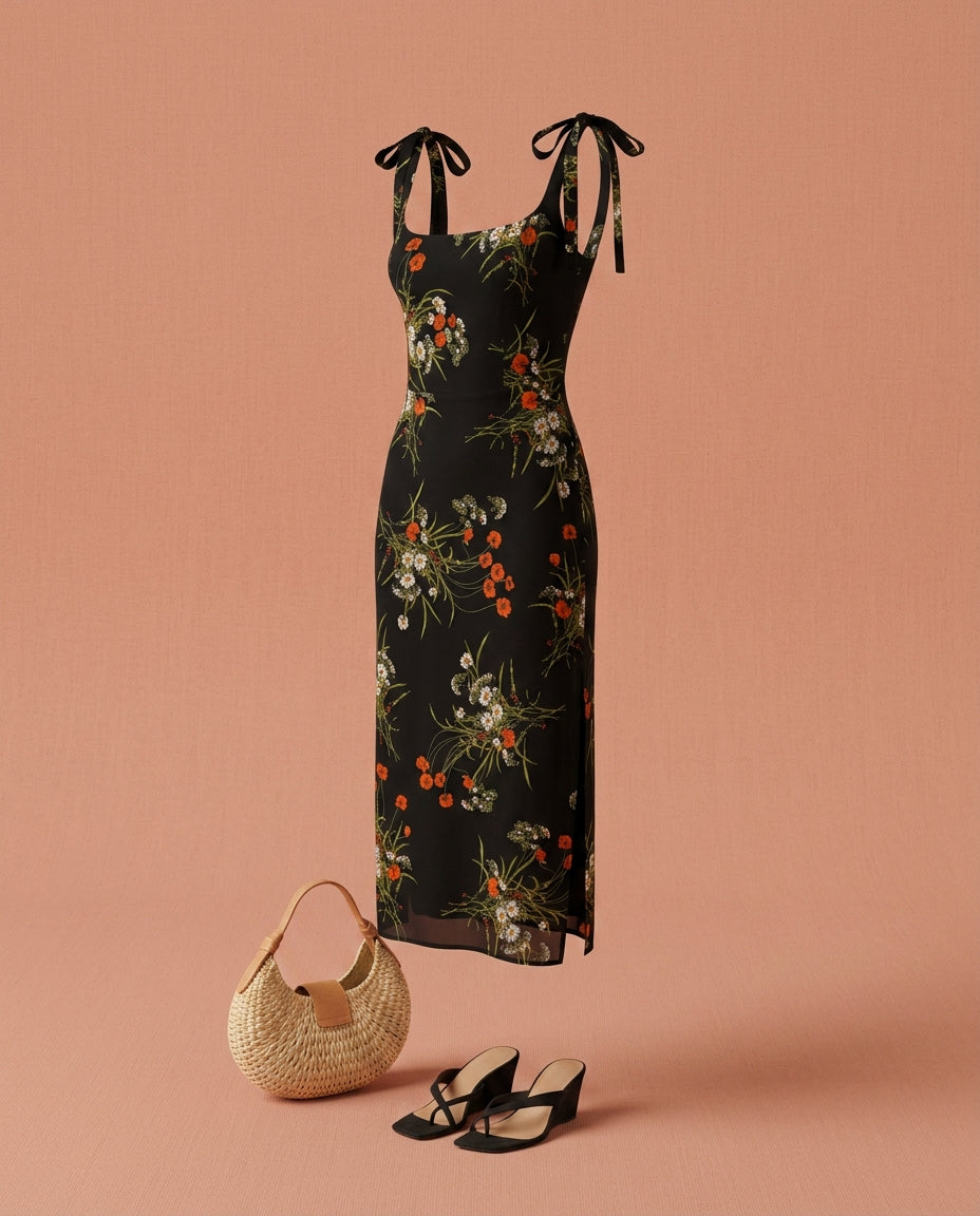Elara Floral Tie Shoulder Slit Midi Dress