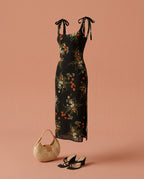 Elara Floral Tie Shoulder Slit Midi Dress