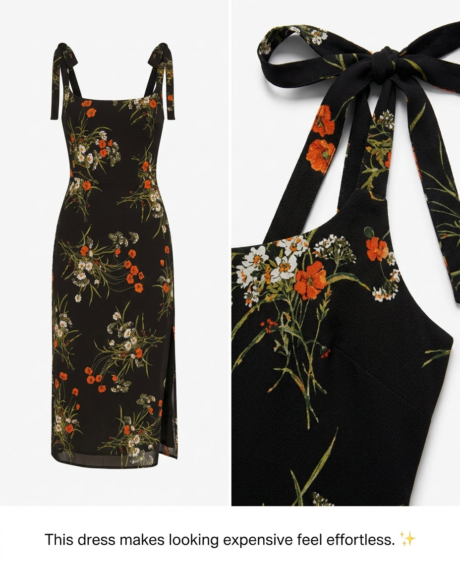 Elara Floral Tie Shoulder Slit Midi Dress