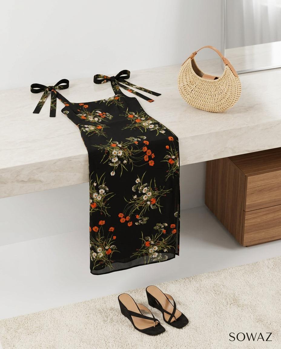 Elara Floral Tie Shoulder Slit Midi Dress